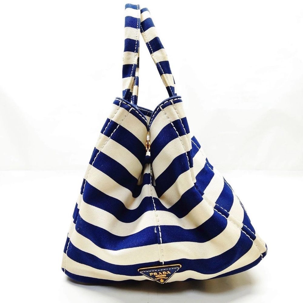Prada Striped Blue & White Printed Canvas Large Canapa Tote Bag Auth - Picture 5 of 15